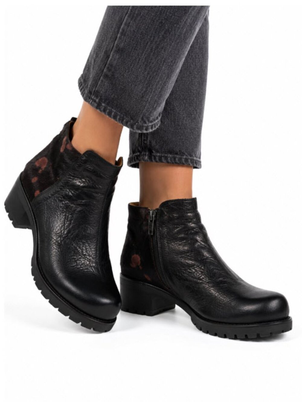 Brako Black Leather Ankle Boots Pony Hair Lug Sole EU39 Chunky